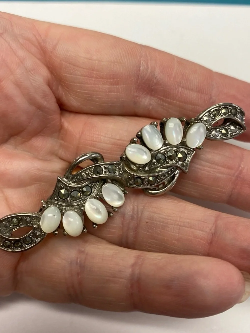 Vintage-Inspired White Cabochon & Marcasite Bar Brooch